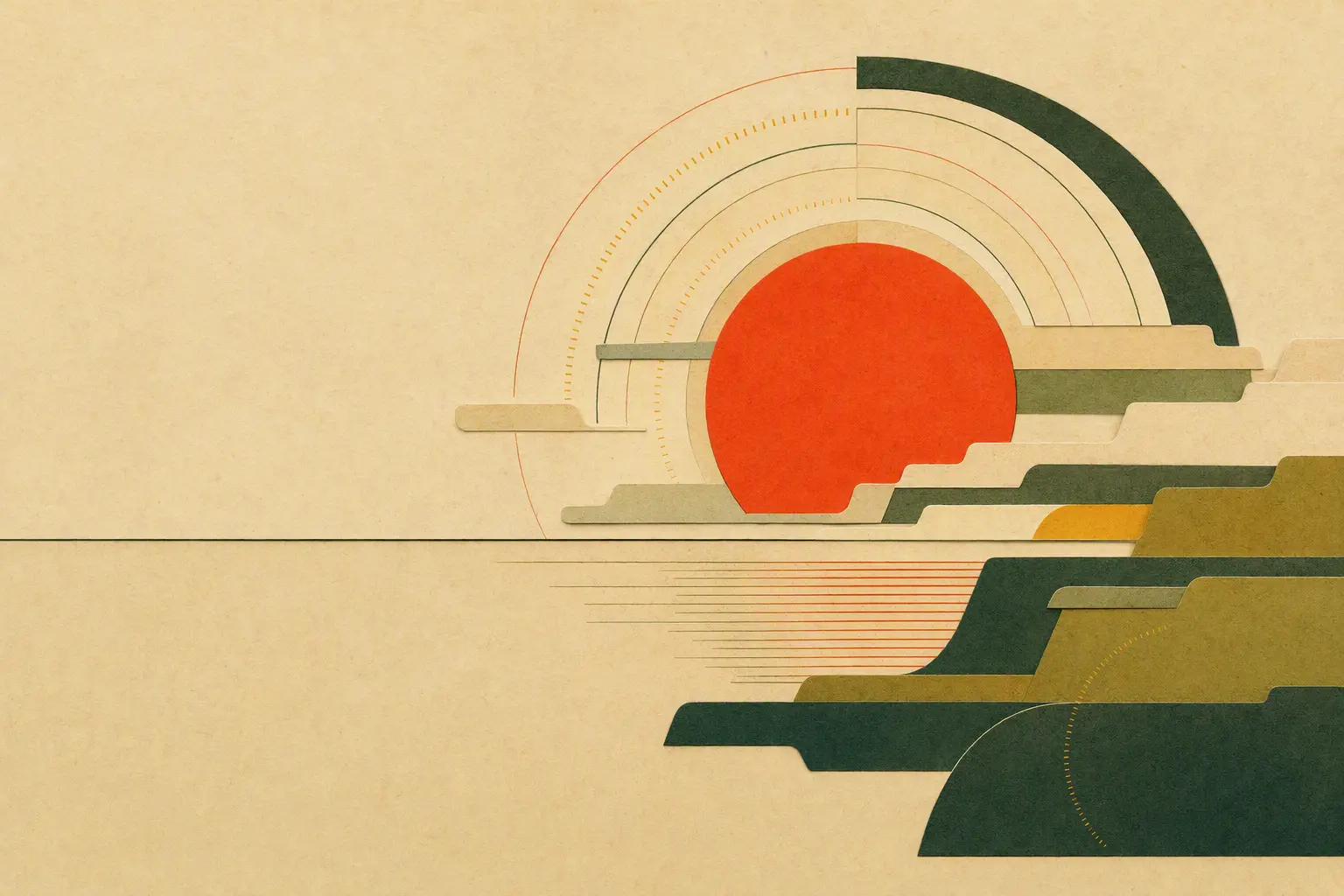 Layered paper tabs orbit a vermilion sun as it crosses a geometric horizon.